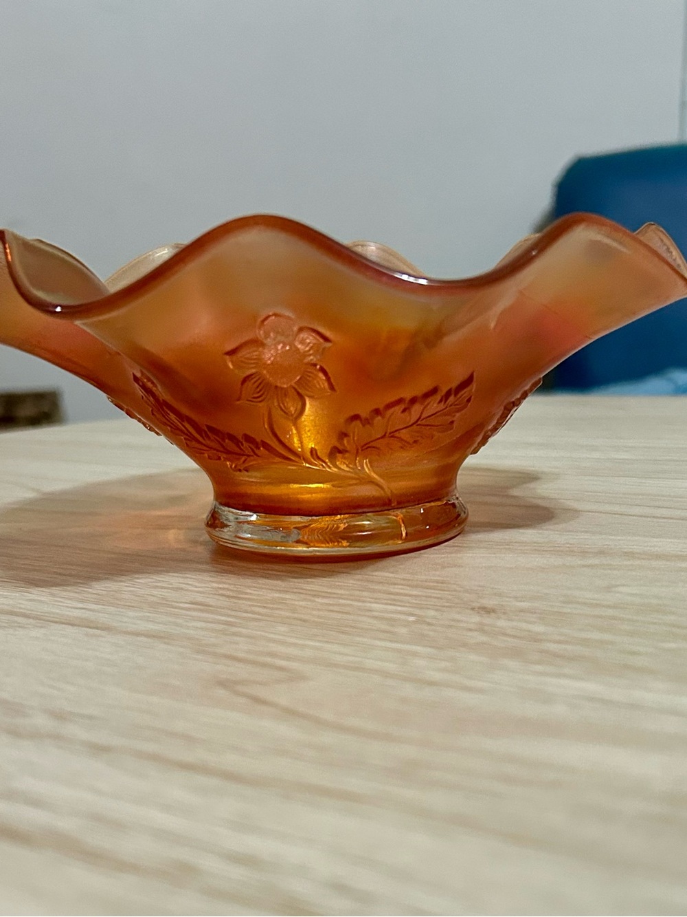 Fenton Orange Carnival Glass Bowl with Floral Emboss